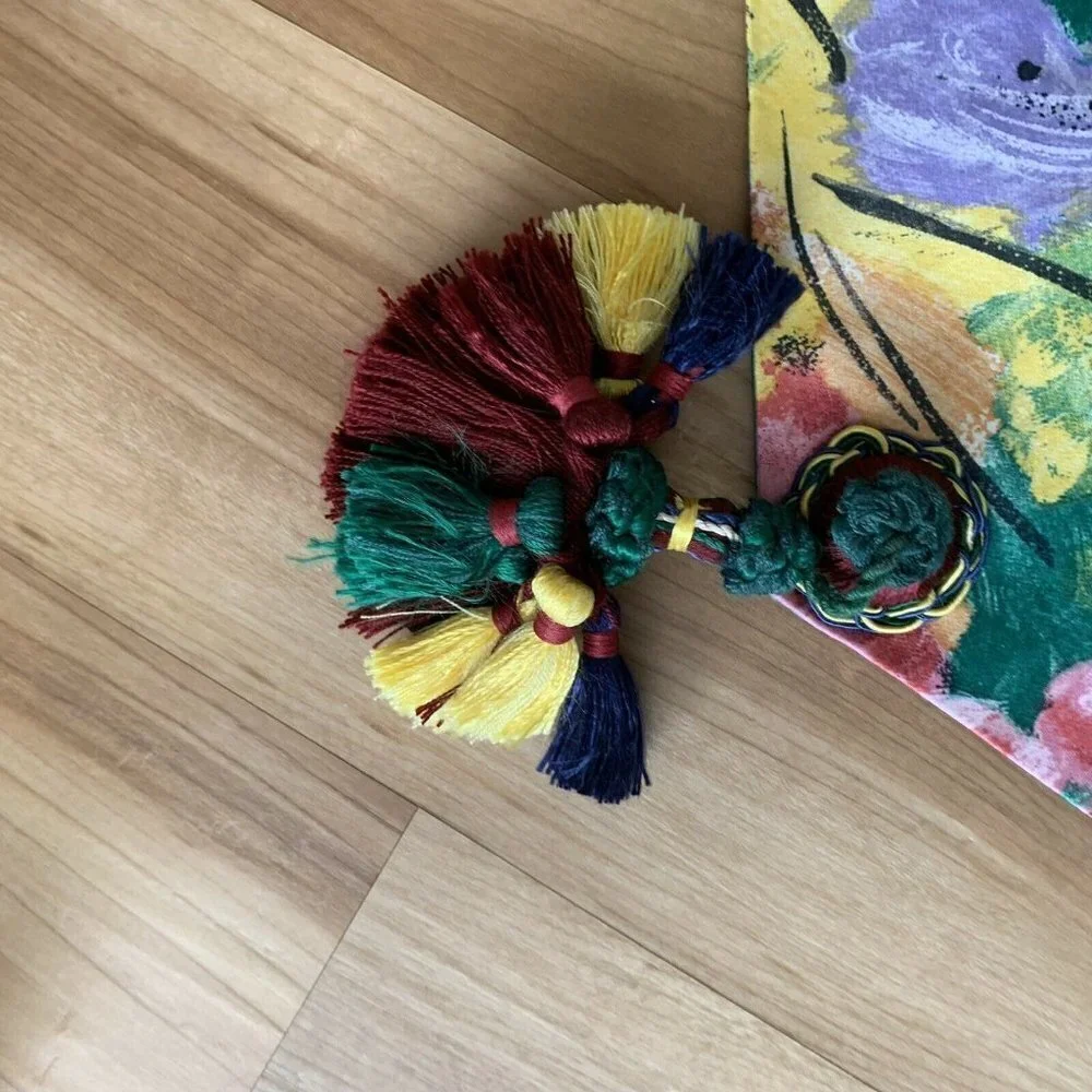 Table Runner Watercolor Floral Tassels 106” by 18” Canvas Texture Colorful